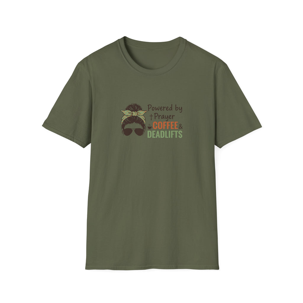 Powered By Prayer Coffee and Deadlifts T-Shirt.
