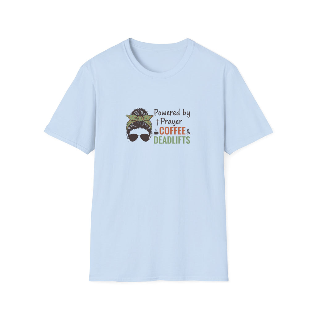 Powered By Prayer Coffee and Deadlifts T-Shirt.