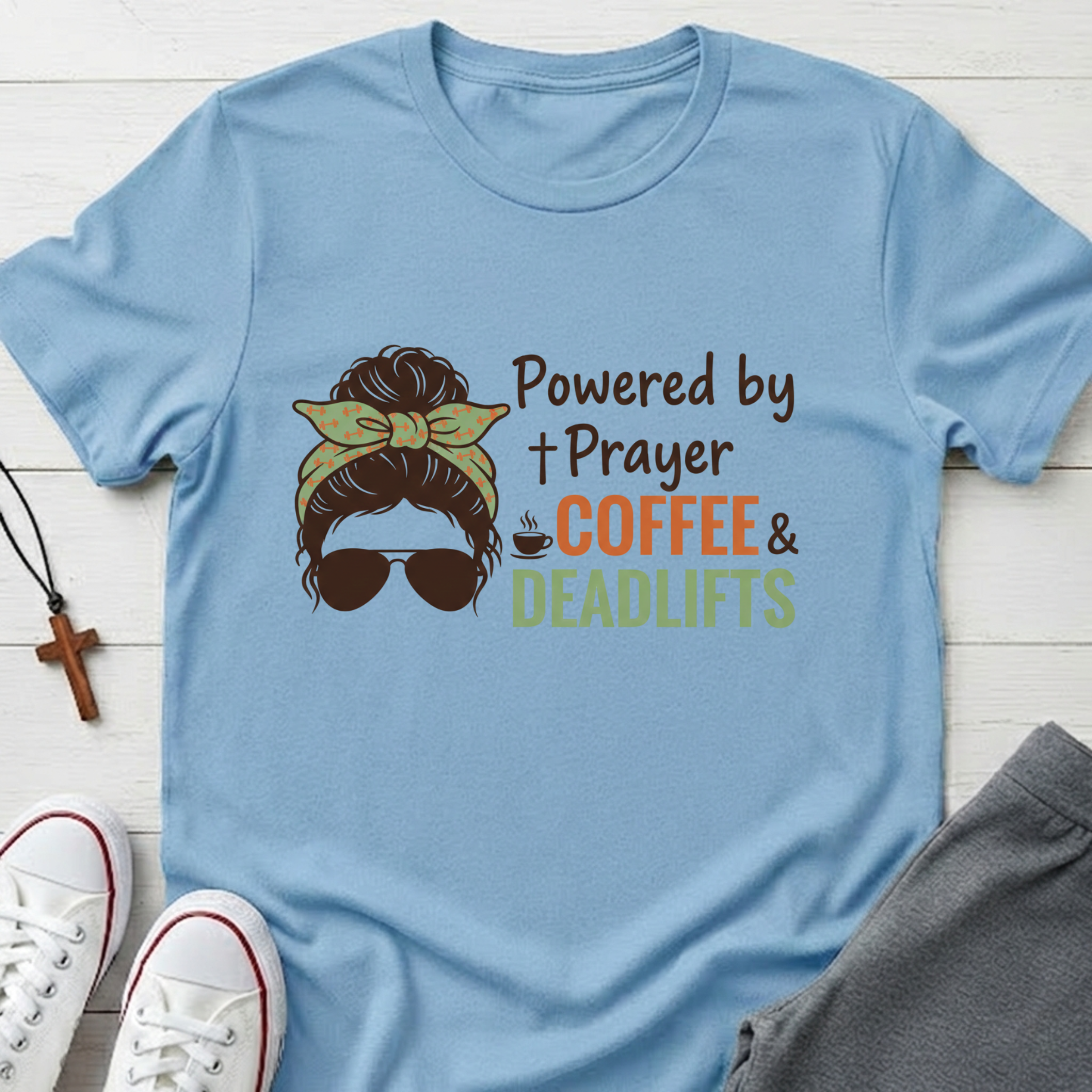 Powered By Prayer Coffee and Deadlifts T-Shirt.