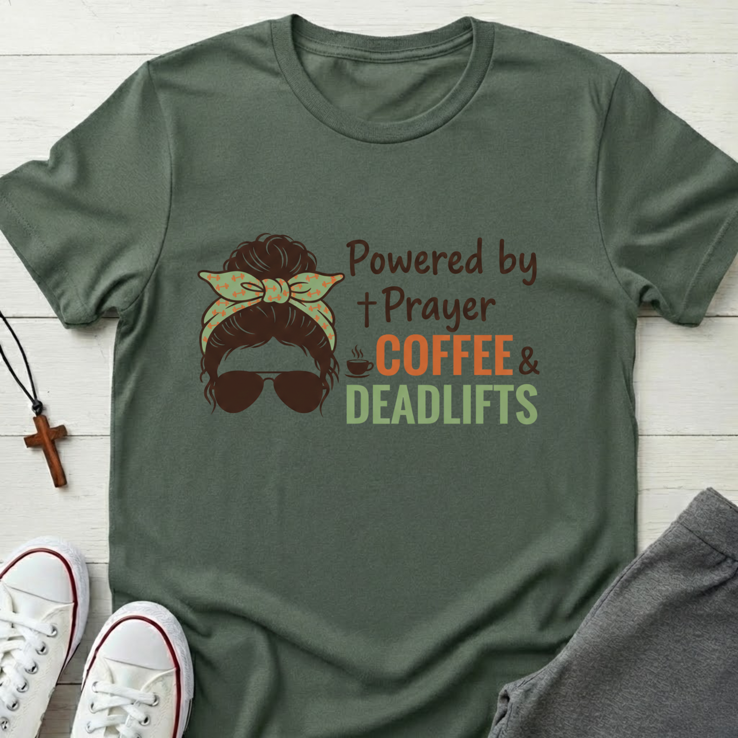Powered By Prayer Coffee and Deadlifts T-Shirt.