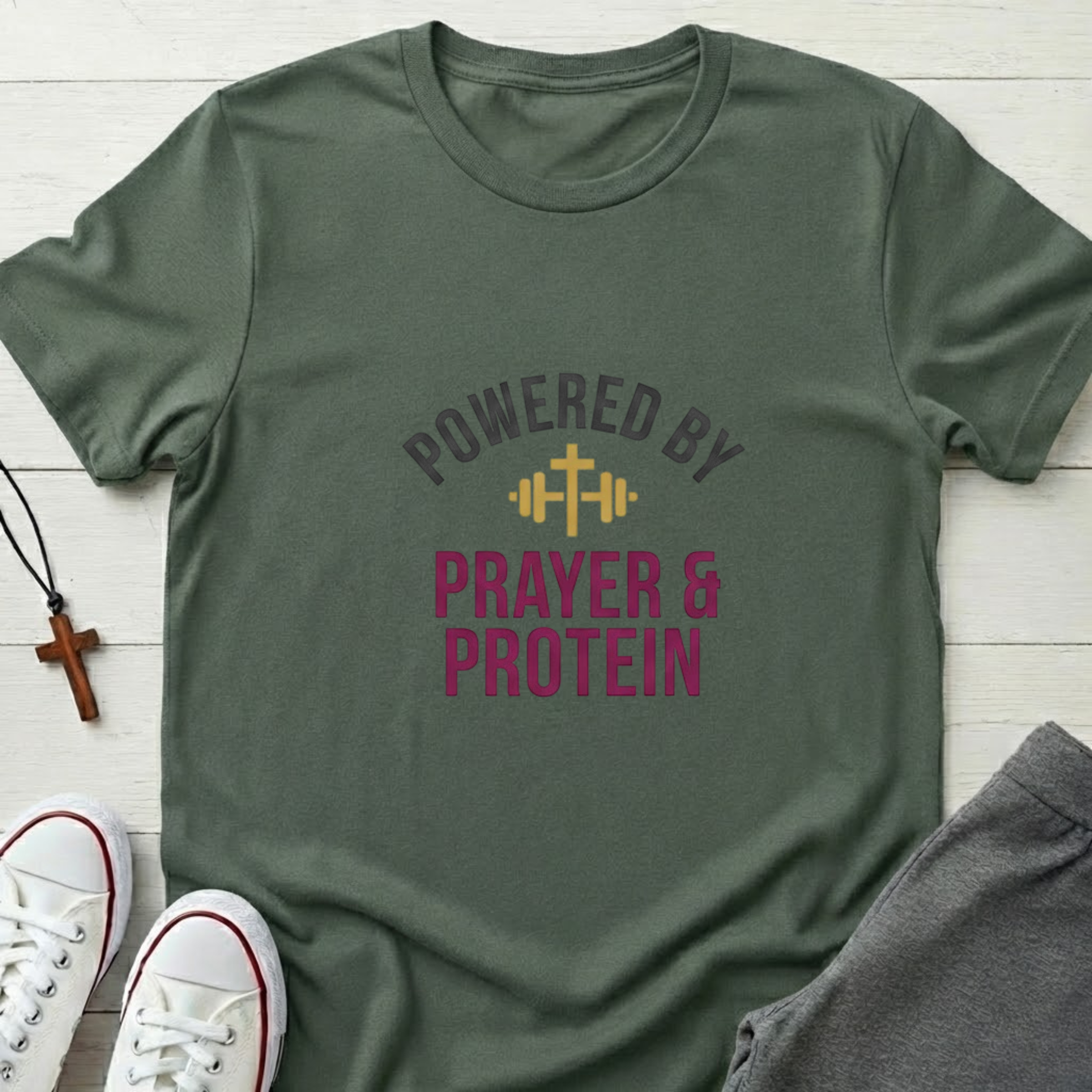 Powered By Prayer and Protein T-Shirt.
