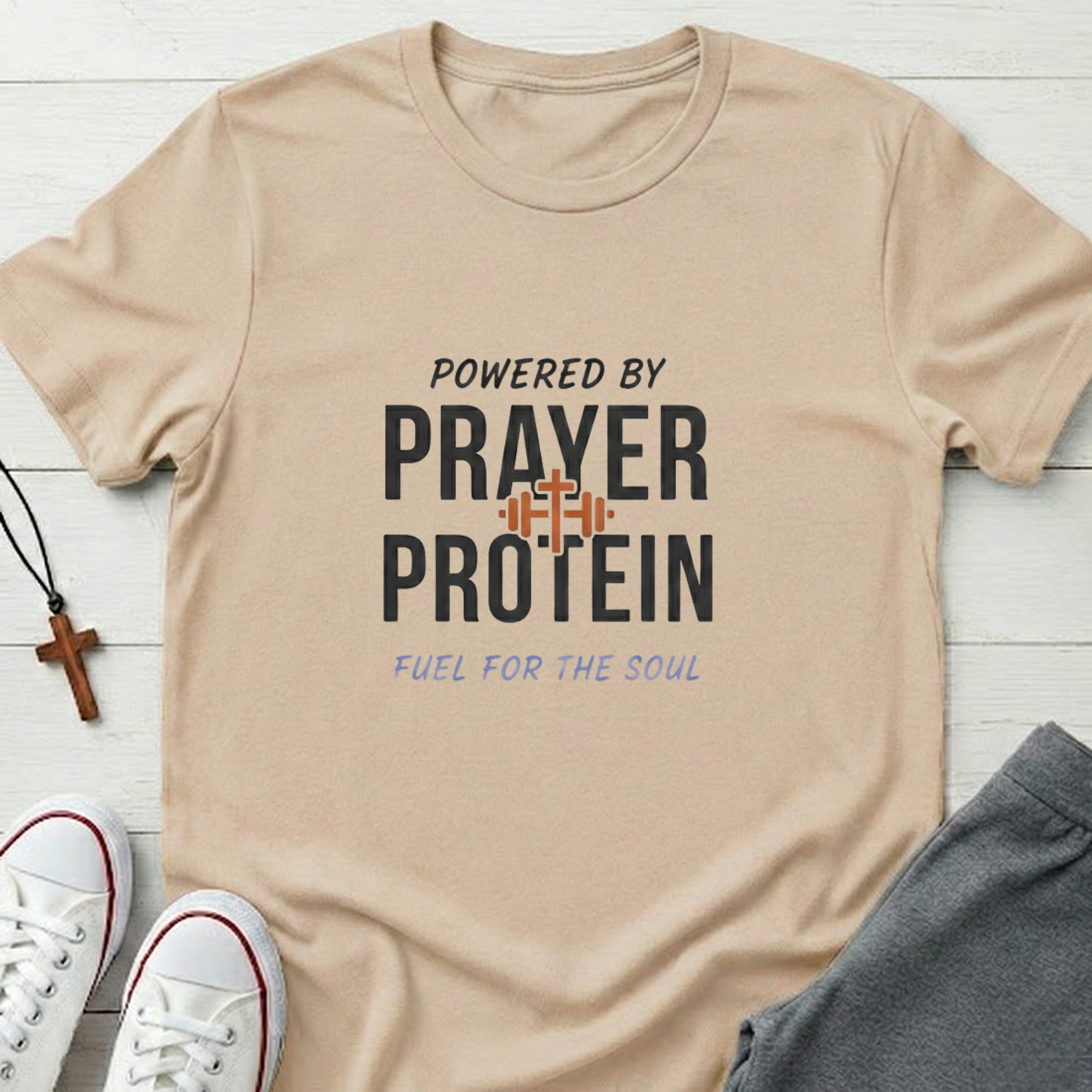 Powered By Prayer and Protein T-Shirt.
