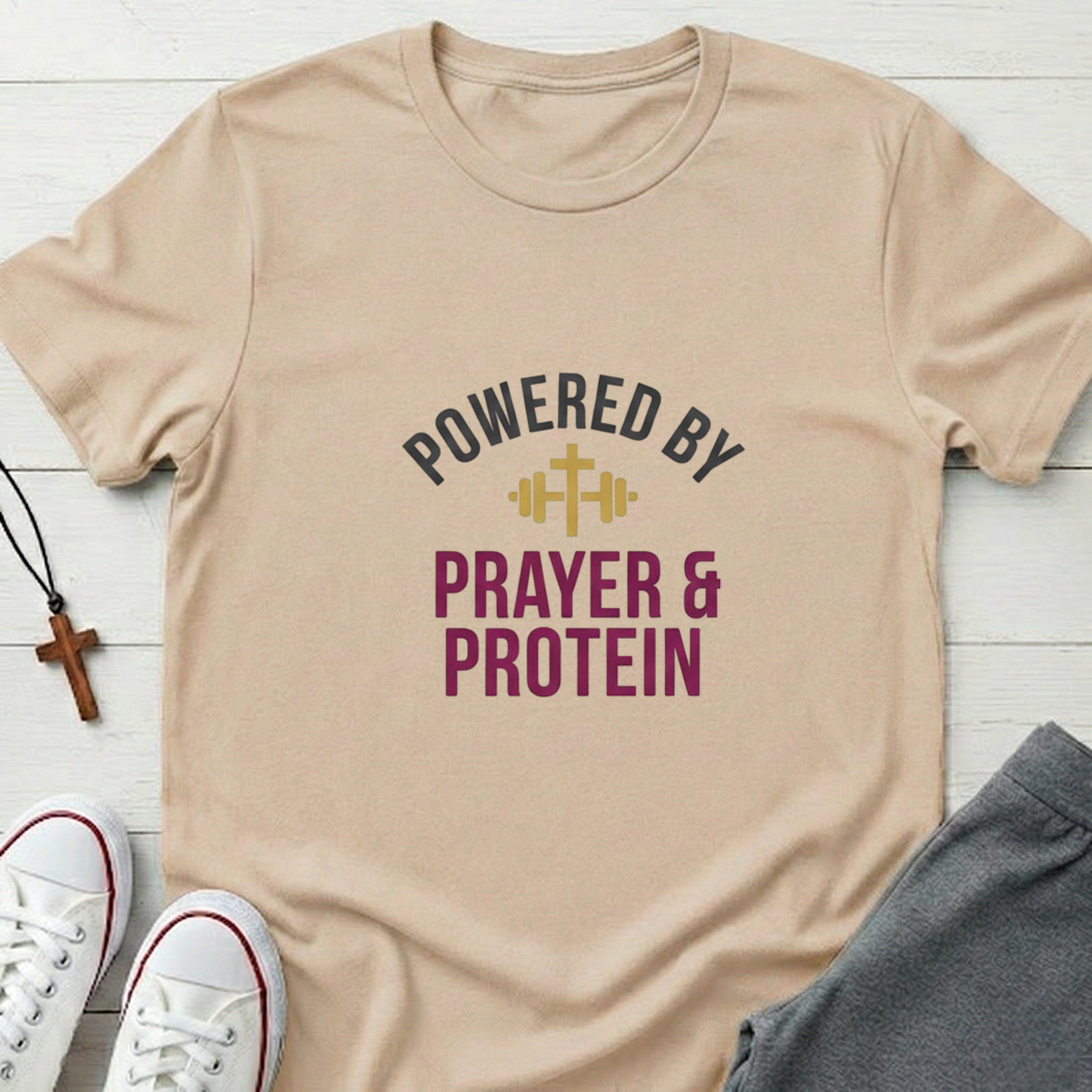 Powered By Prayer and Protein T-Shirt.