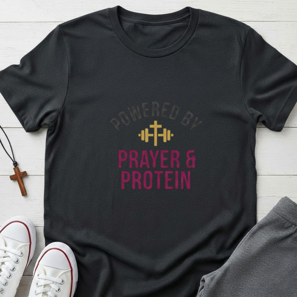 Powered By Prayer and Protein T-Shirt.