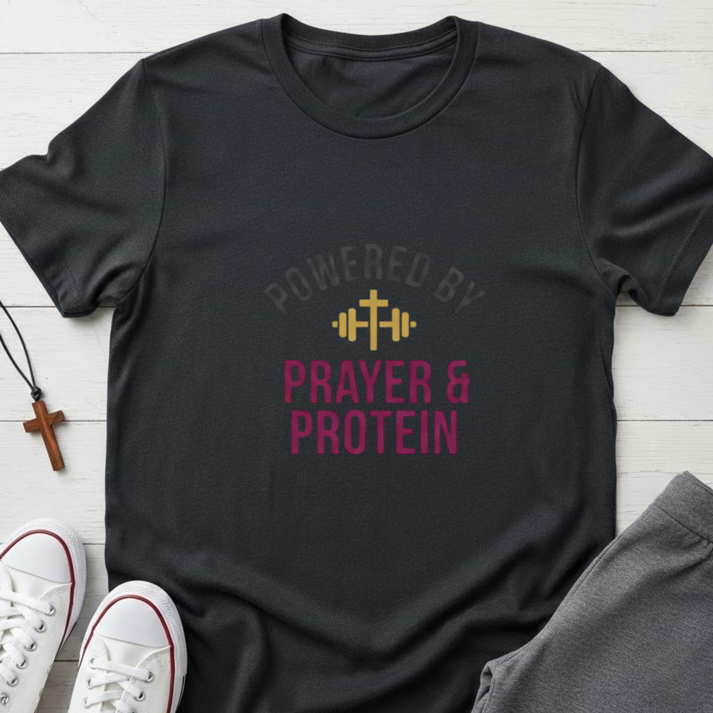 Powered By Prayer and Protein T-Shirt.