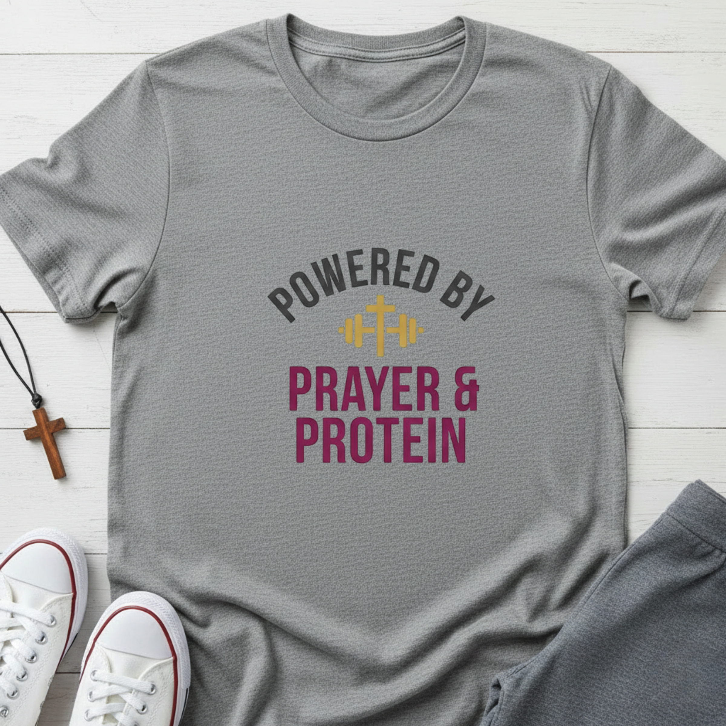 Powered By Prayer and Protein T-Shirt.