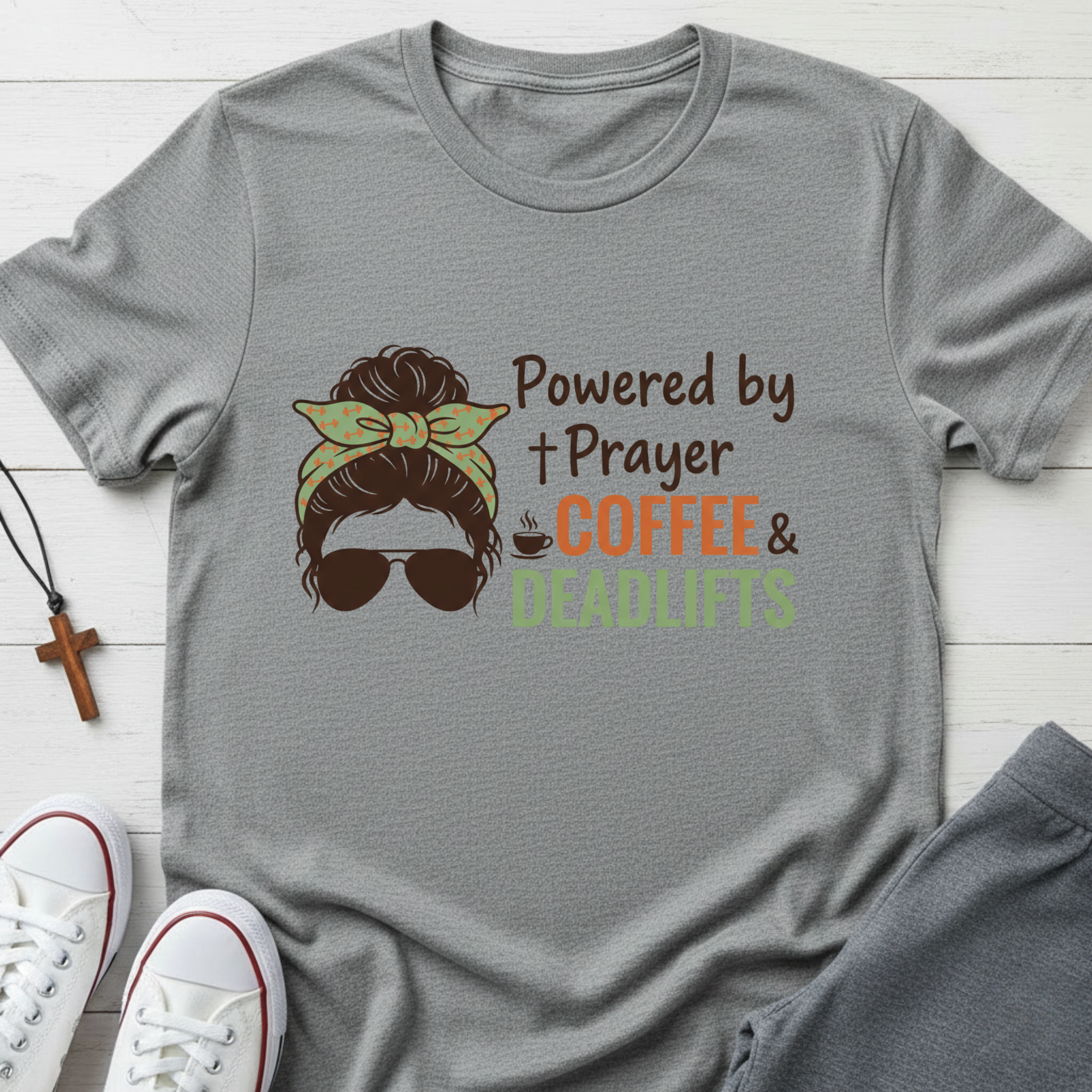 Powered By Prayer Coffee and Deadlifts T-Shirt.