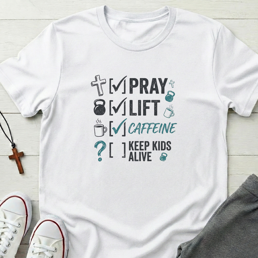 Pray. Lift. Caffeine. Keep kids Alive T-Shirt.