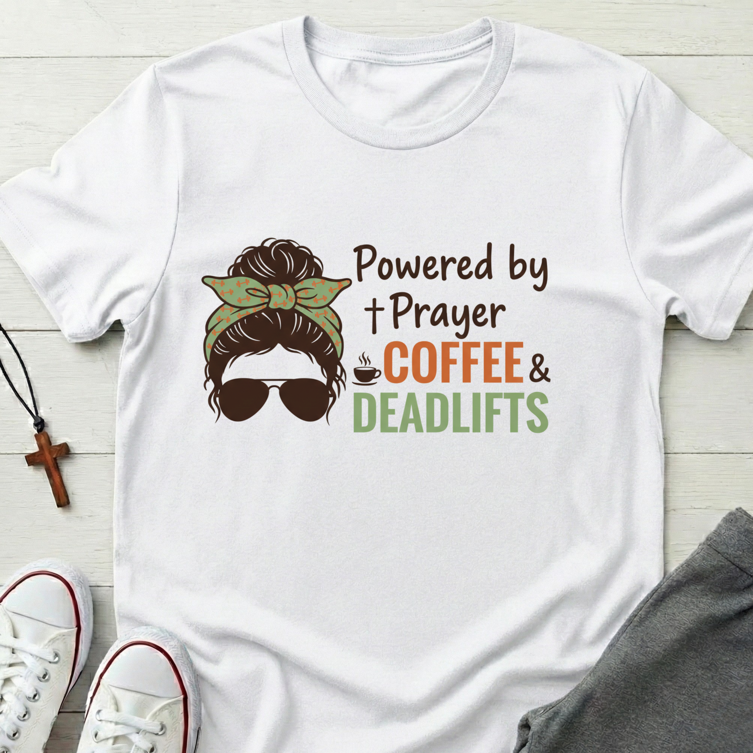 Powered By Prayer Coffee and Deadlifts T-Shirt.