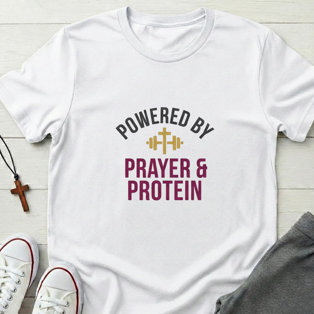Powered By Prayer and Protein T-Shirt.
